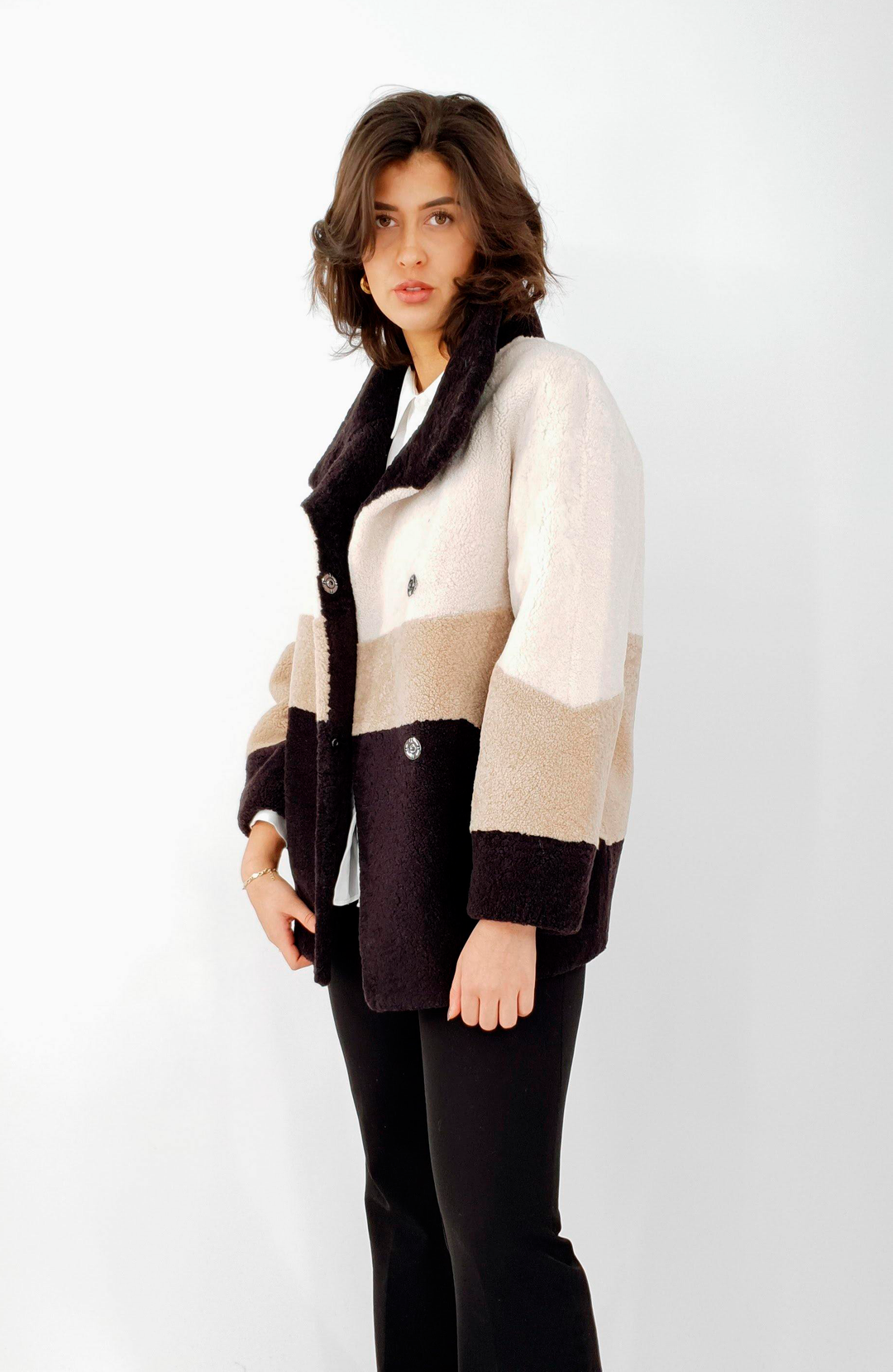 Dakota, 75 cm. - Hætte - Krøllet lam - Kvinder - Beige, Maple Beige & Dark Brown