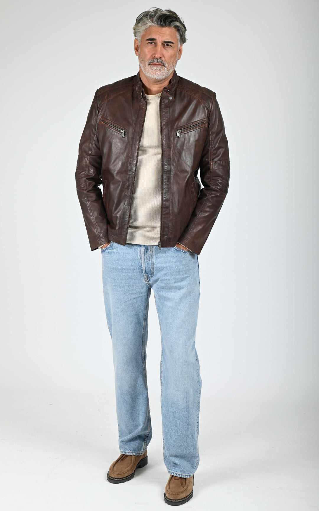 Bulk Brown Leather Biker Jacket - Men
