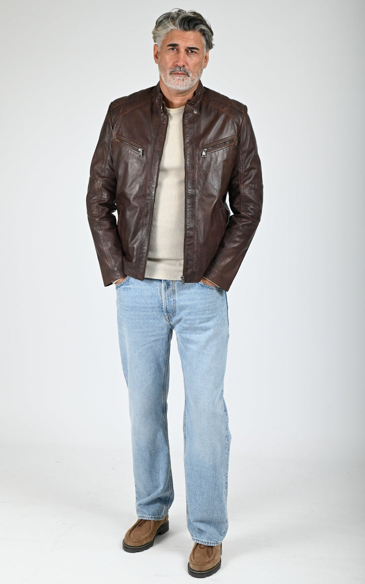 Bulk Brown Leather Biker Jacket - Men