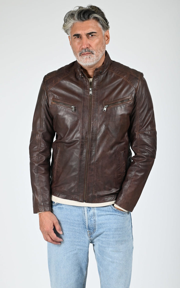 Bulk Brown Leather Biker Jacket - Men
