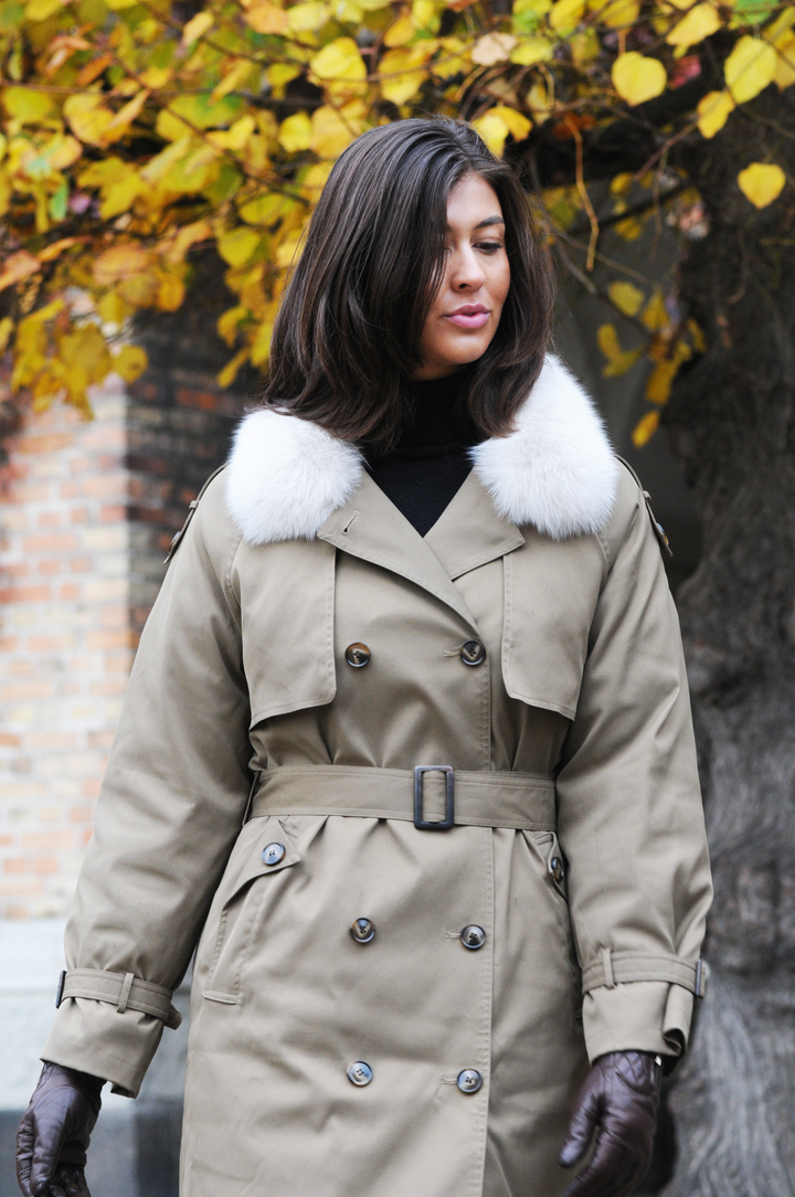 Helga Trench Coat, 105 cm. - Krage - Tekstil - Dame - Khaki