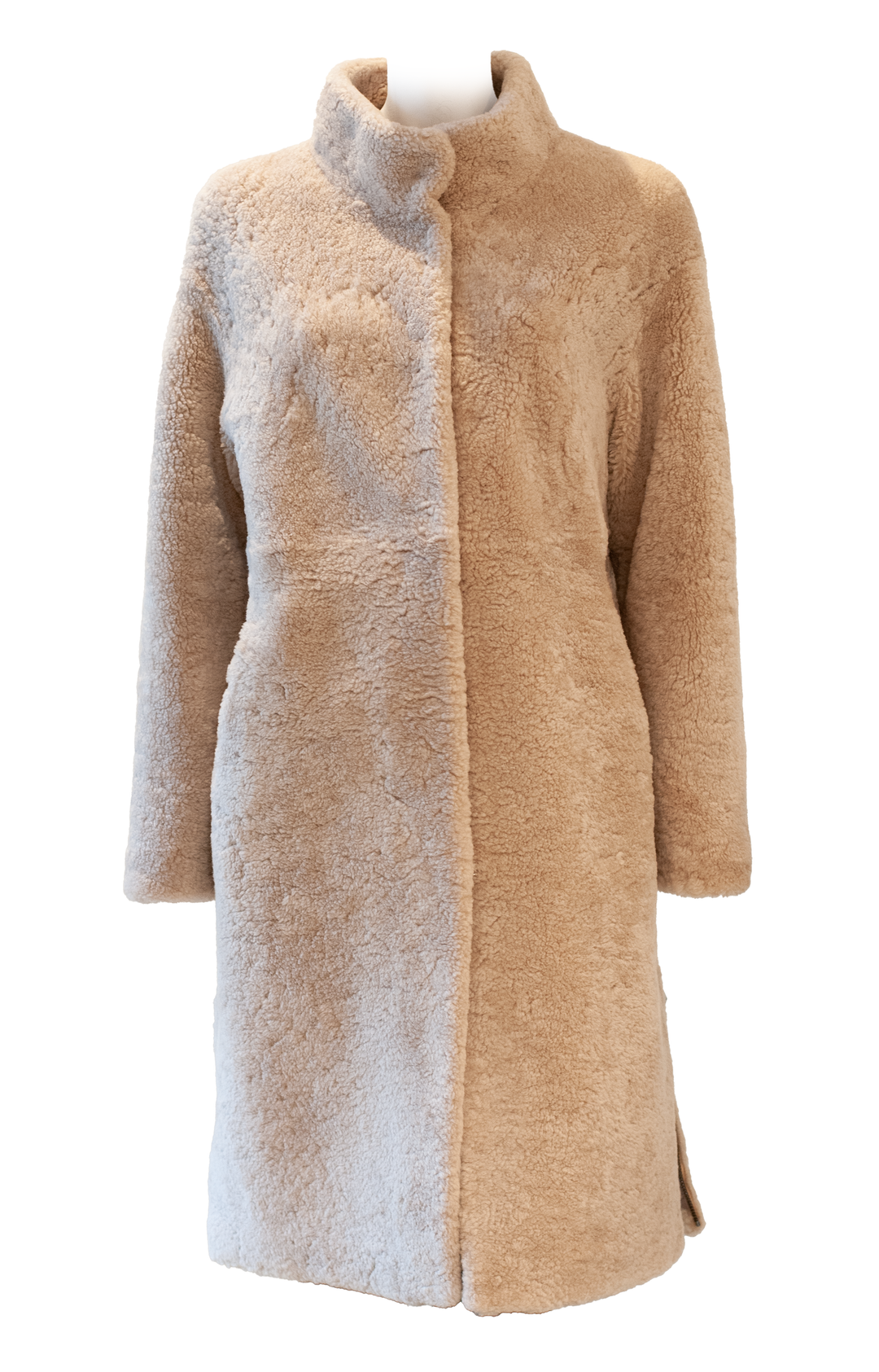 Dark beige Filuka curly lamb coat with a high collar, front view on a mannequin