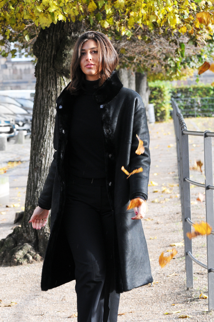 Giorgiana, 95 cm. - Gola - Jaqueta de cordeiro shearling -Mulher - Preto
