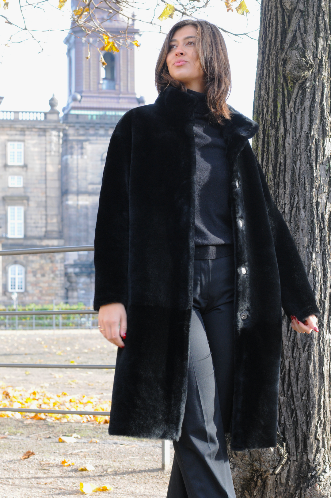 Giorgiana, 95 cm. - Gola - Jaqueta de cordeiro shearling -Mulher - Preto