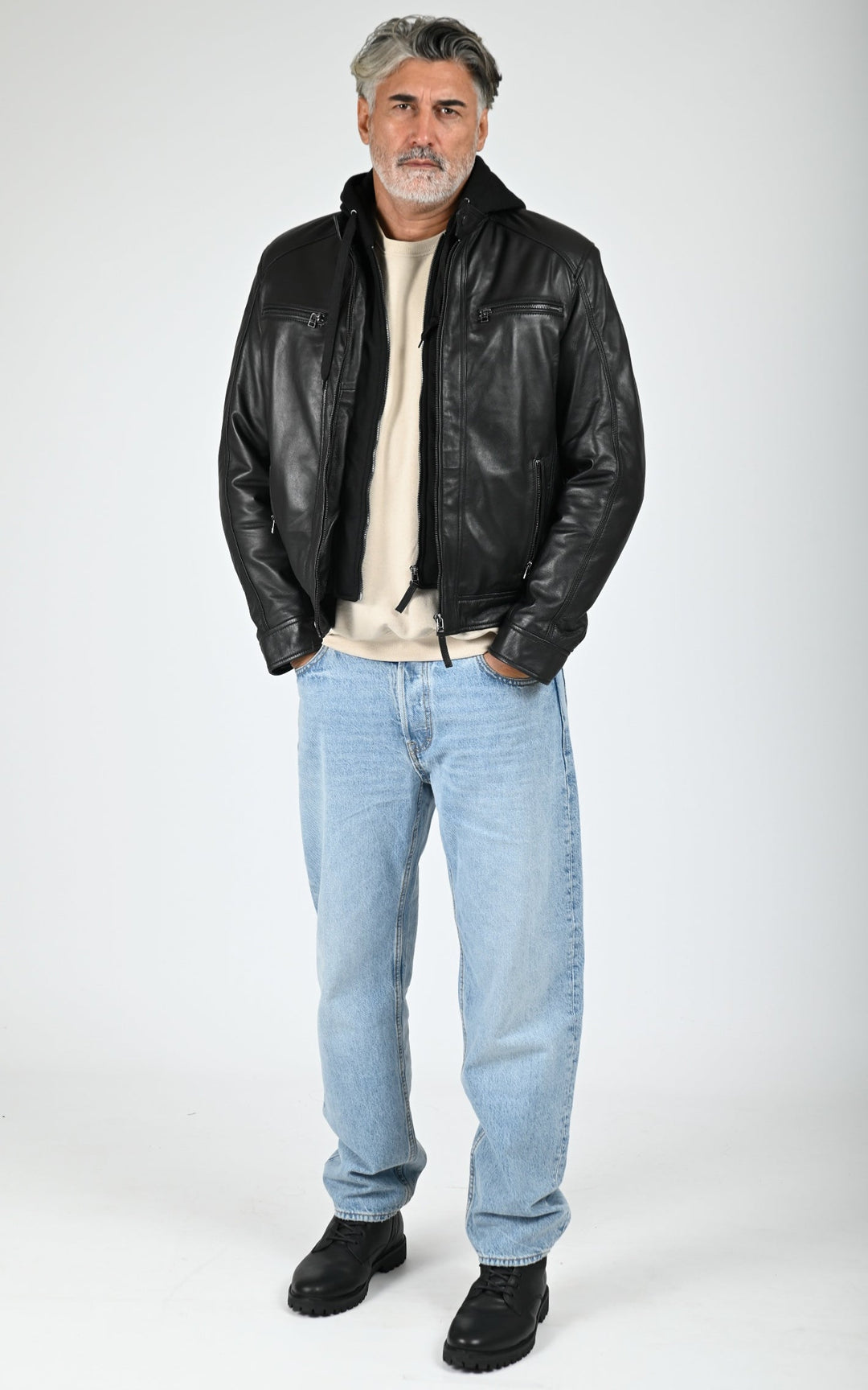 Erico Black Hooded Leather Jacket - Men