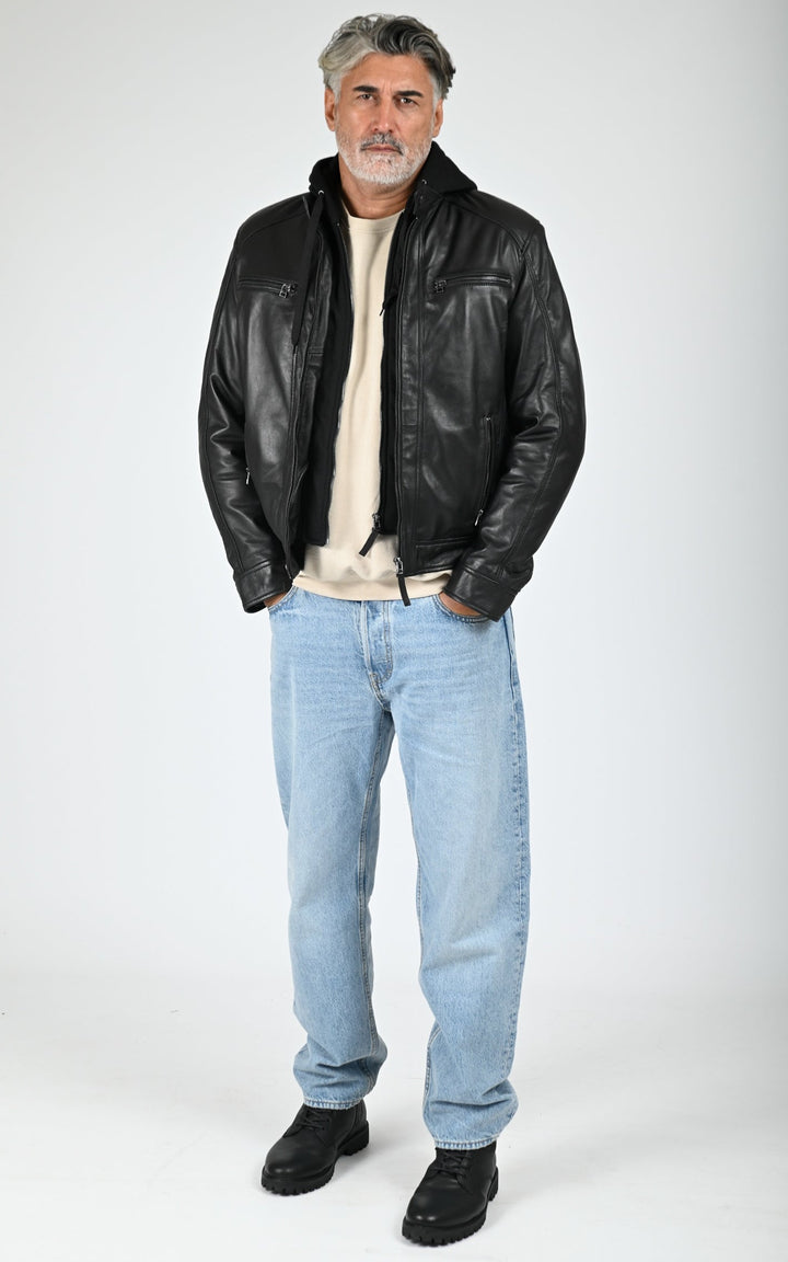 Erico Black Hooded Leather Jacket - Men