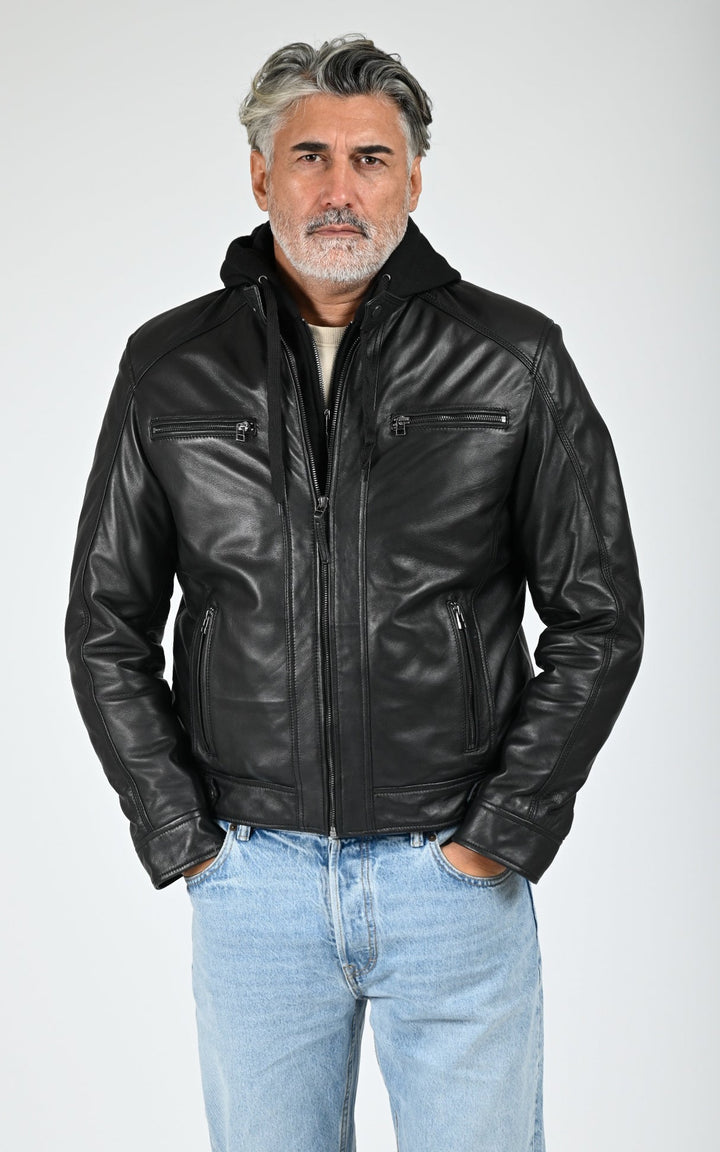 Erico Black Hooded Leather Jacket - Men