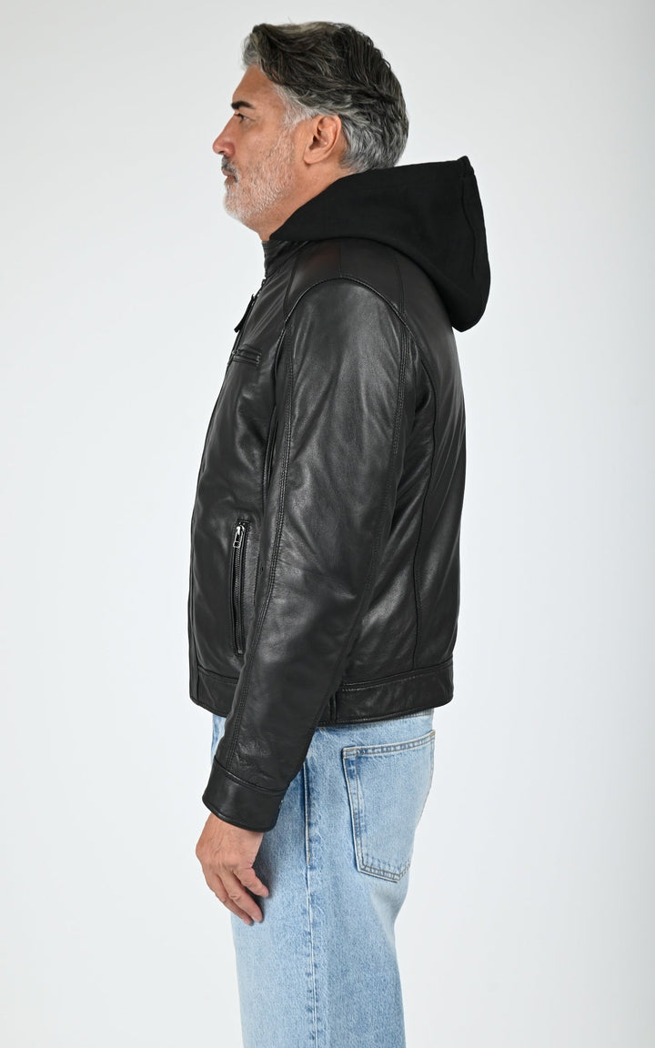 Erico Black Hooded Leather Jacket - Men