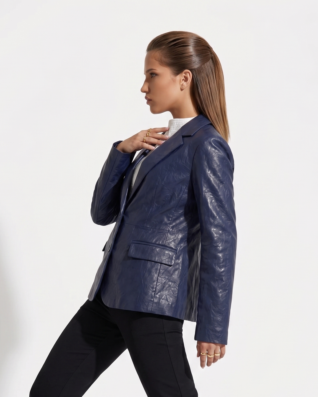 Nina Blazer, 60 cm. - Lamb Dior Bonded Læder-Damer - Dusty Blue