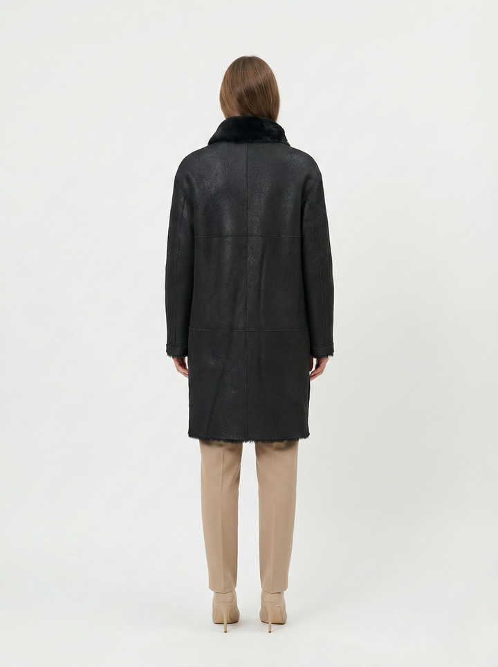 Giorgiana, 95 cm. - Hætte - Nappa Lamb Crack - Damer - Sort