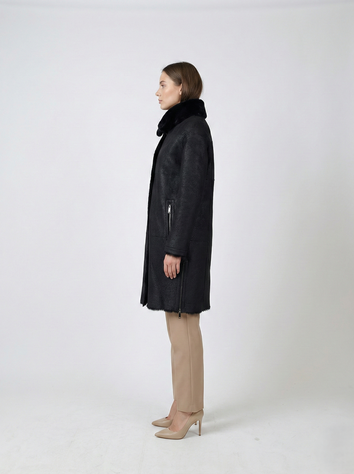 Giorgiana, 95 cm. - Hætte - Nappa Lamb Crack - Damer - Sort