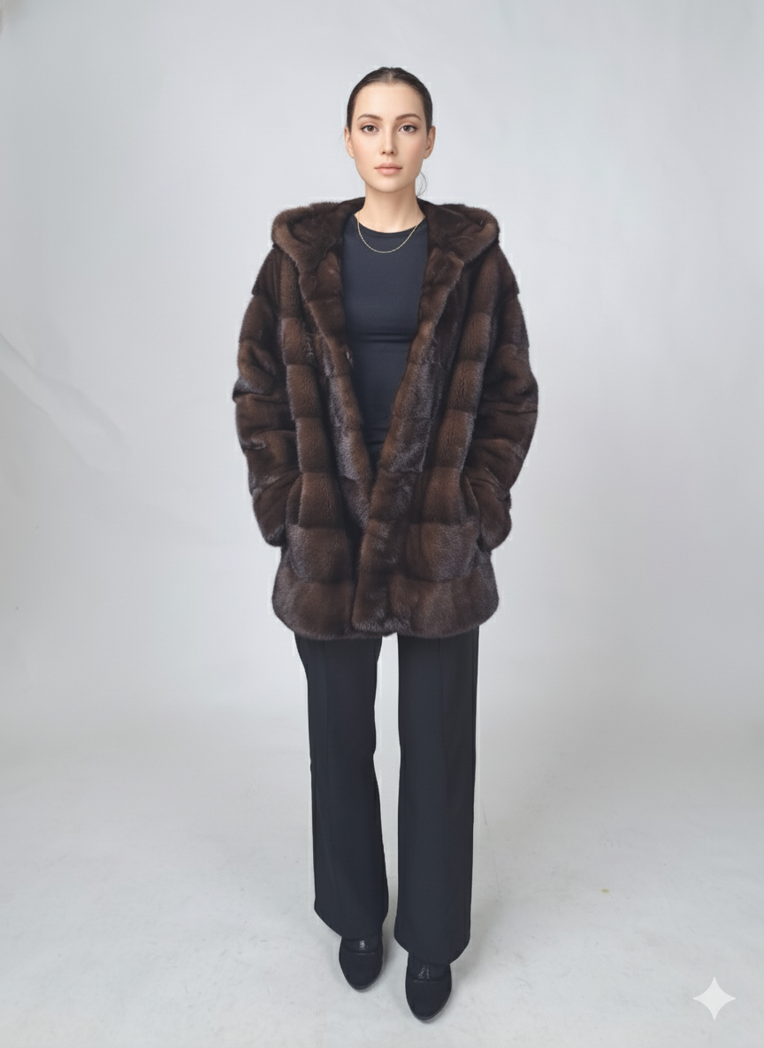 Vittoria, 75 cm. - Cappuccio - Visone - Donna - Marrone