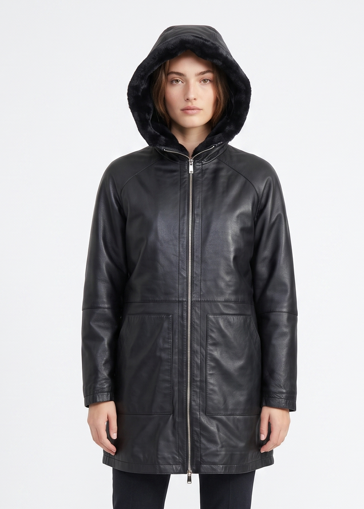 Danyal, 82 cm. - Leren jas met capuchon - Dames - Zwart
