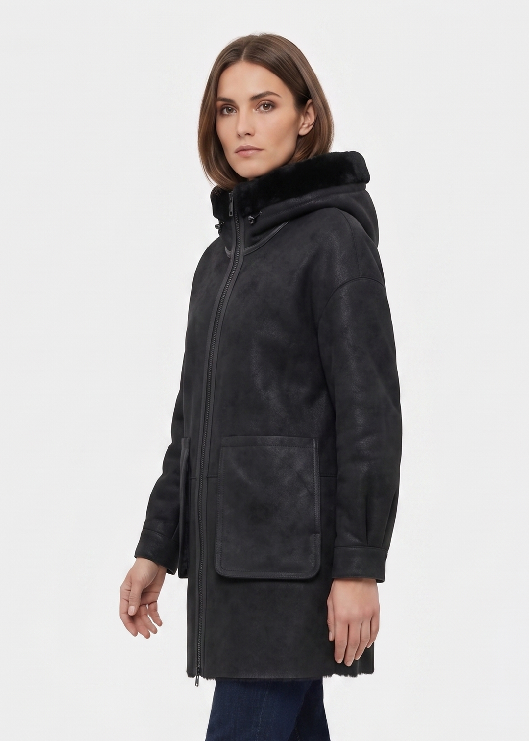 Gavina, 84 cm. - Capuchon - Nappa Lam - Dames - Zwart