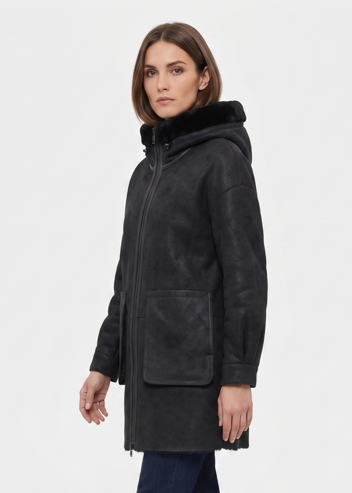 Gavina, 84 cm. - Capuchon - Nappa Lam - Dames - Zwart