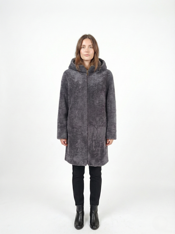 Delaney, 87 cm. - Capuchon - Curly Lamb - Dames - Segred Grey