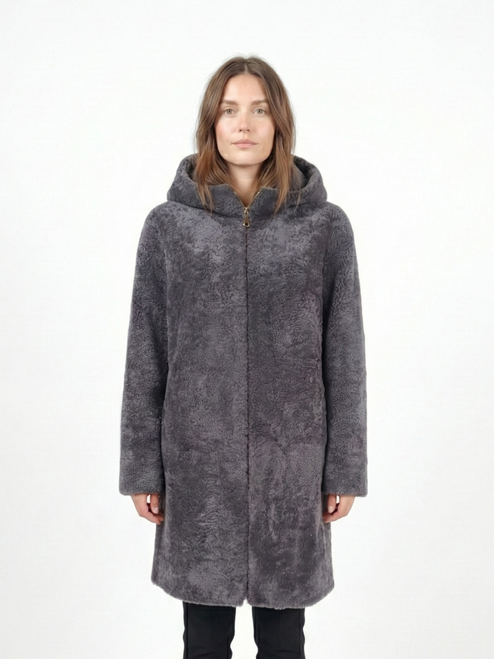 Delaney, 87 cm. - Capuchon - Curly Lamb - Dames - Segred Grey
