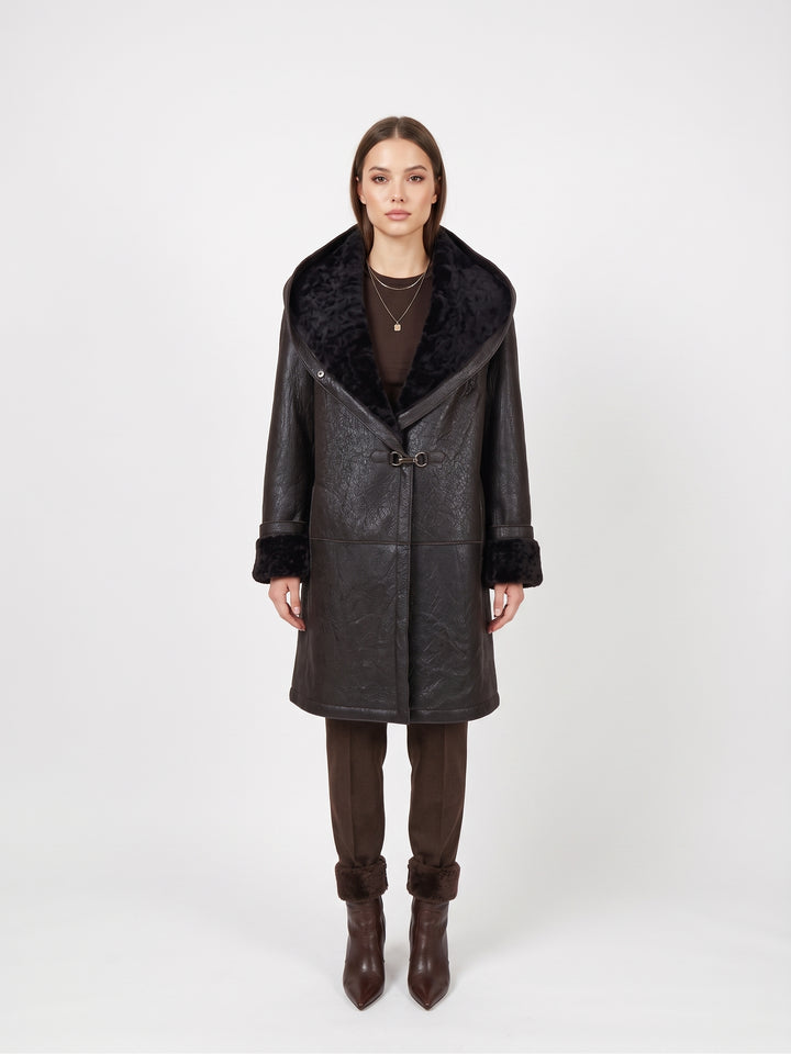 969, 90 cm. - Capuchon - Nappa Lamb Crack - Dames - Bruin / Lamme Pels - Levinsky - Kvinde