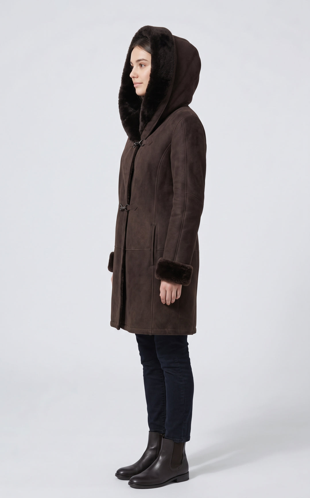 969, 90 cm. - Capuchon - Suède Lam - Dames - Donkerbruin