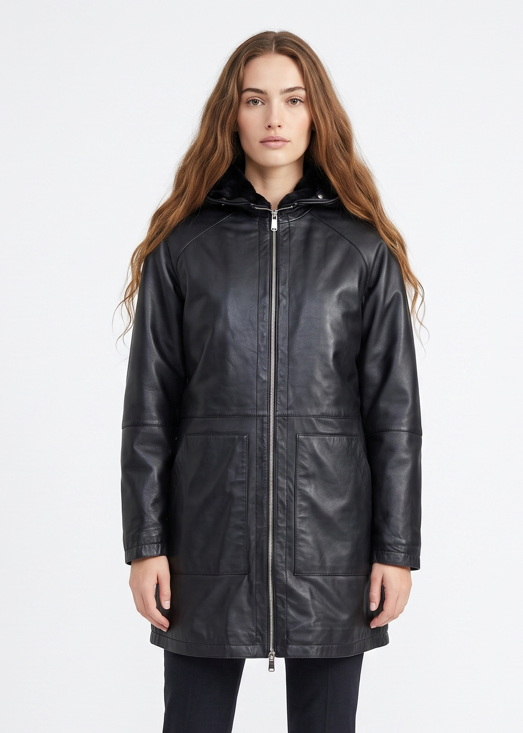 Danyal, 82 cm. - Leren jas met capuchon - Dames - Zwart