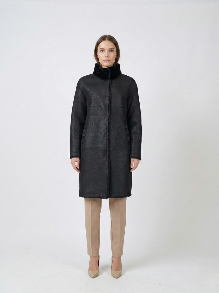 Giorgiana, 95 cm. - Hætte - Nappa Lamb Crack - Damer - Sort