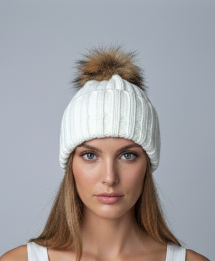 Beanie Hat - Prjónað Akrýl - Hvítur
