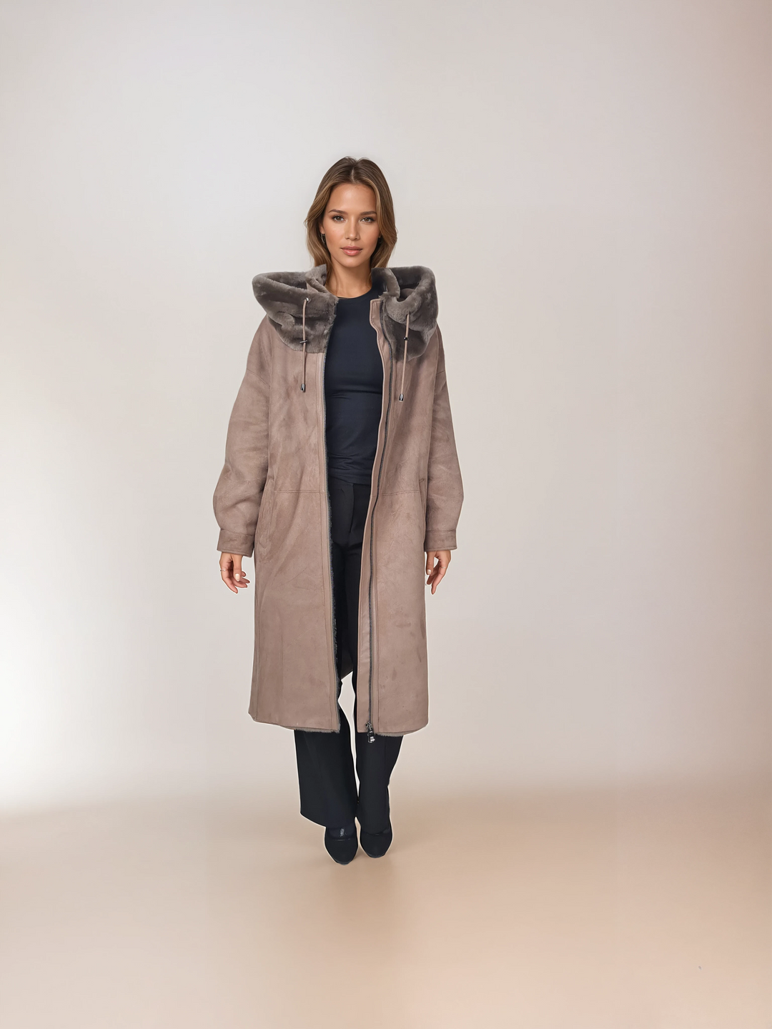 New Gabiana 108 cm Dark Oak suede lamb coat with fur-trimmed hood, front view worn open on model