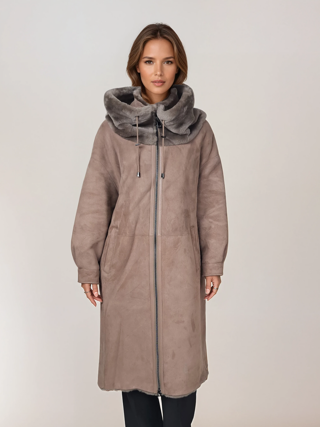 New Gabiana 108 cm Dark Oak suede lamb coat with fur-trimmed hood on model