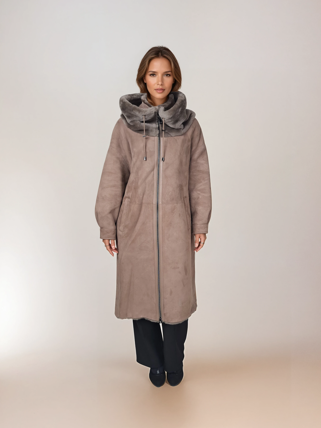 New Gabiana 108 cm Dark Oak suede lamb coat with fur-trimmed hood, full front view on model