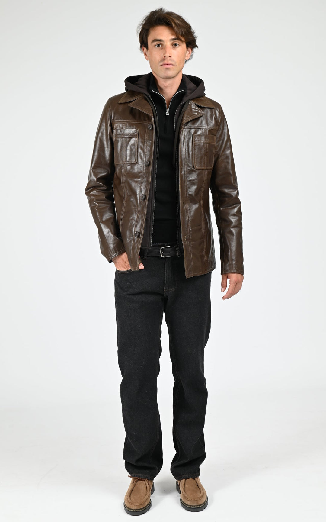 Taggart Brown Hooded Leather Jacket - Men