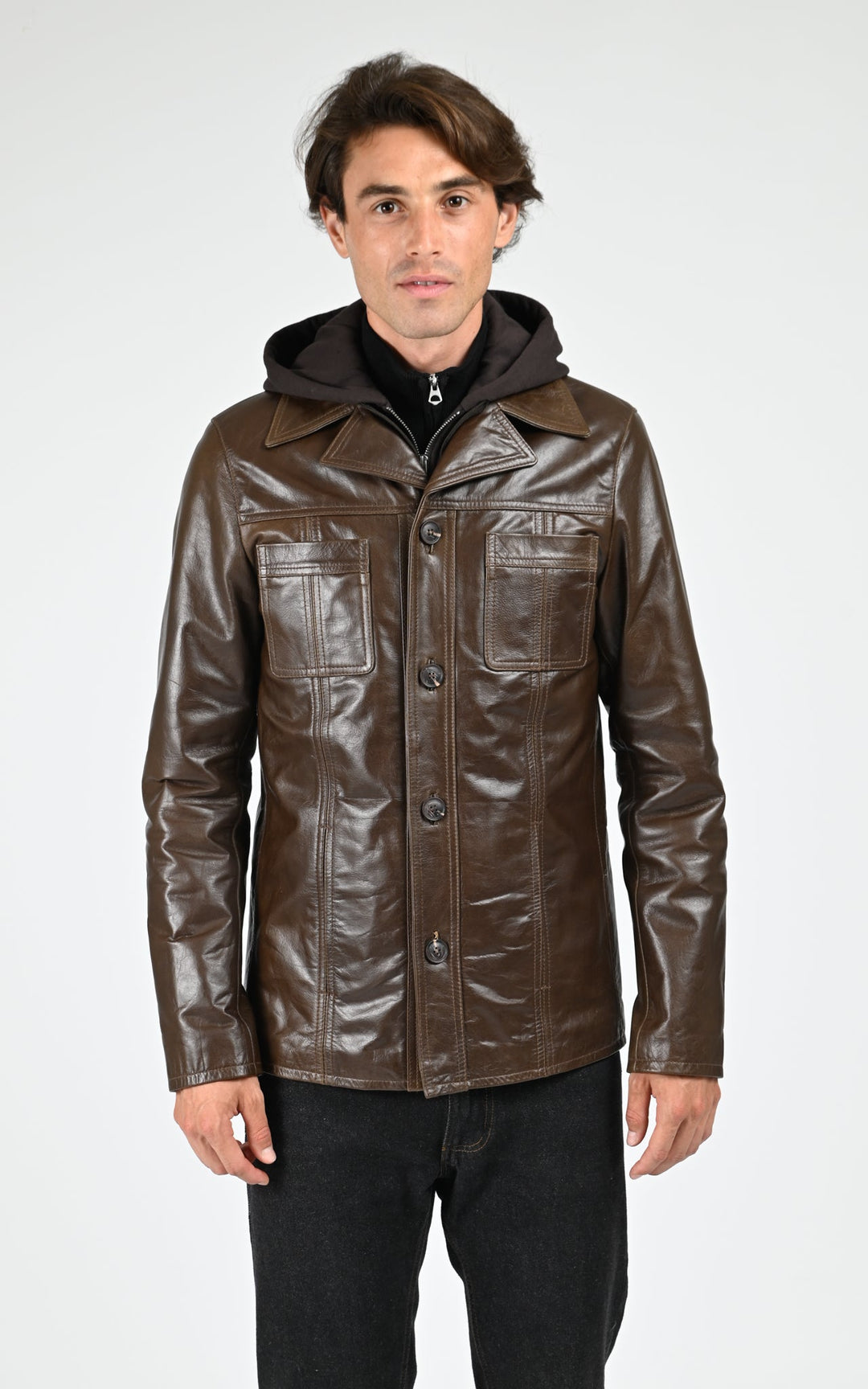 Taggart Brown Hooded Leather Jacket - Men