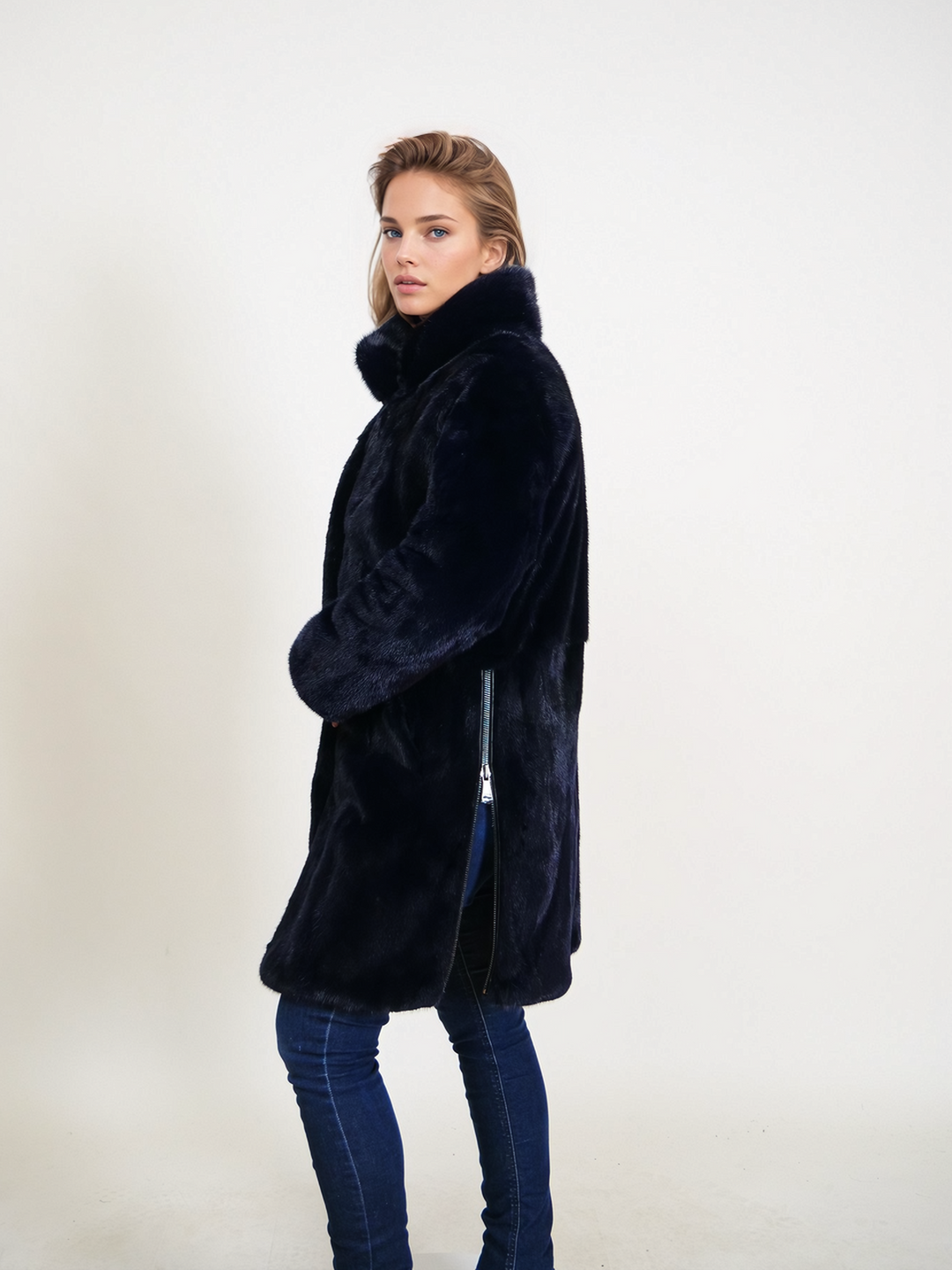 Ganaja, 85 cm. - Kraag - Mink - Dames - Marineblauw