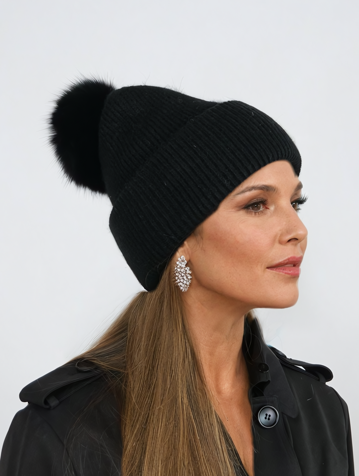 HL22C007 Angora uld pelsbeanie med pompon - Sort