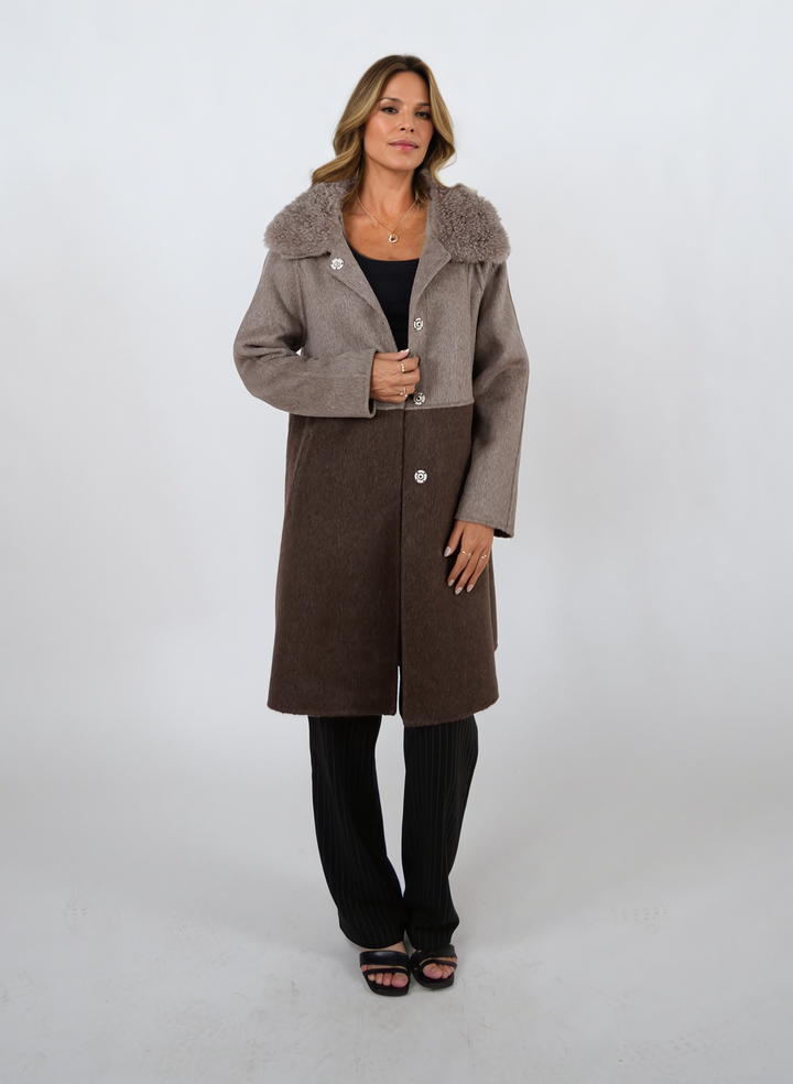 Italia, 95 cm. - Krage - 100 % ull - Dame - Taupe & Dark Brown