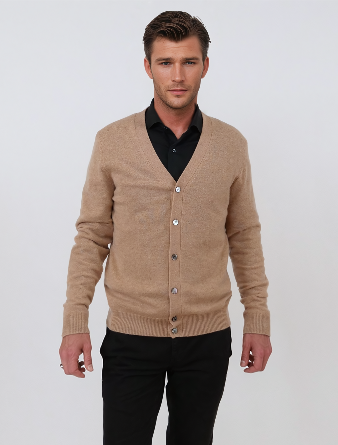 SY-24CA-105-9 Cardigan for menn - 100 % ren kasjmir - Herre - Kamel