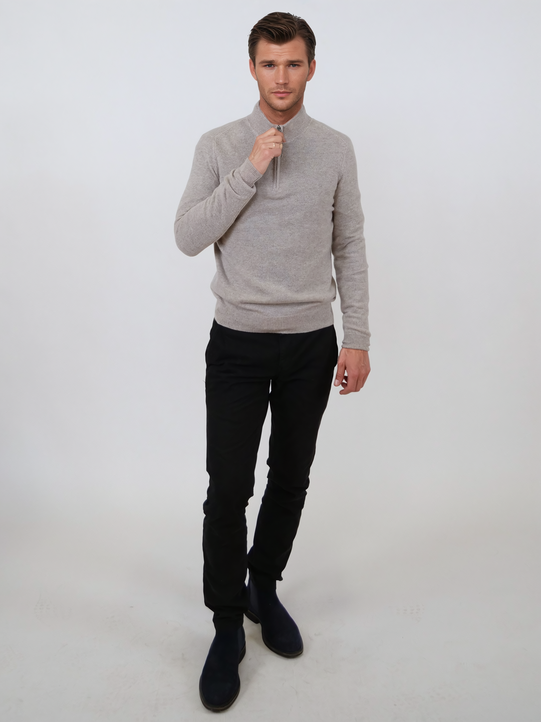 SY-1568-9 Mens Half Zip Sweater 100% Pure Cashmere - Men Light Beige