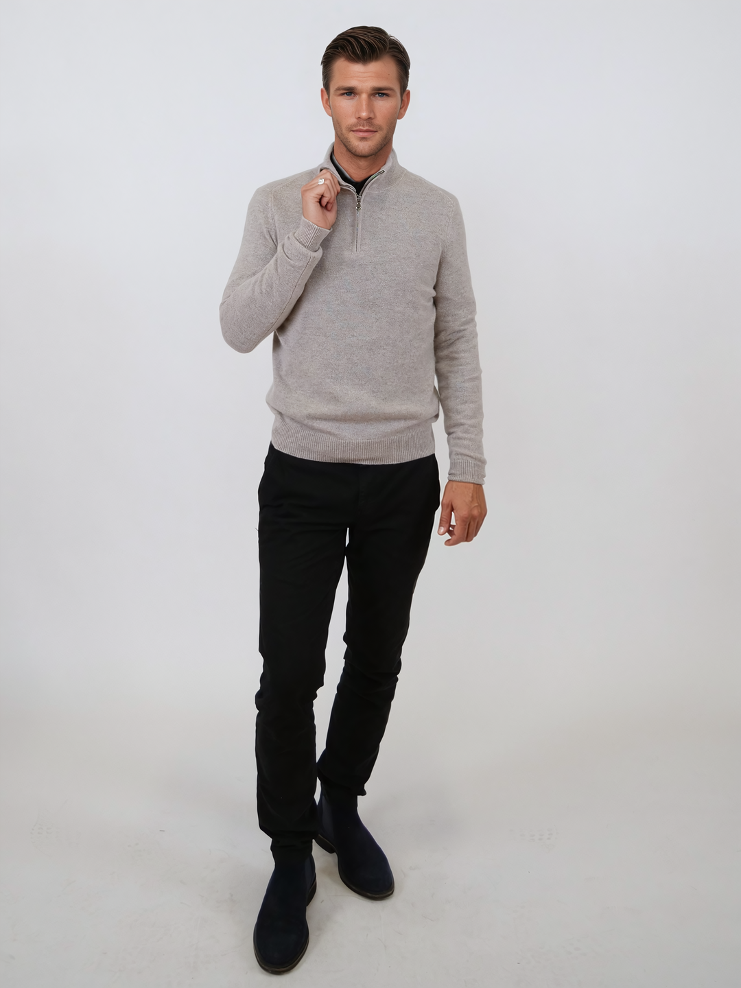 SY-1568-9 Mens Half Zip Sweater 100% Pure Cashmere - Men Light Beige