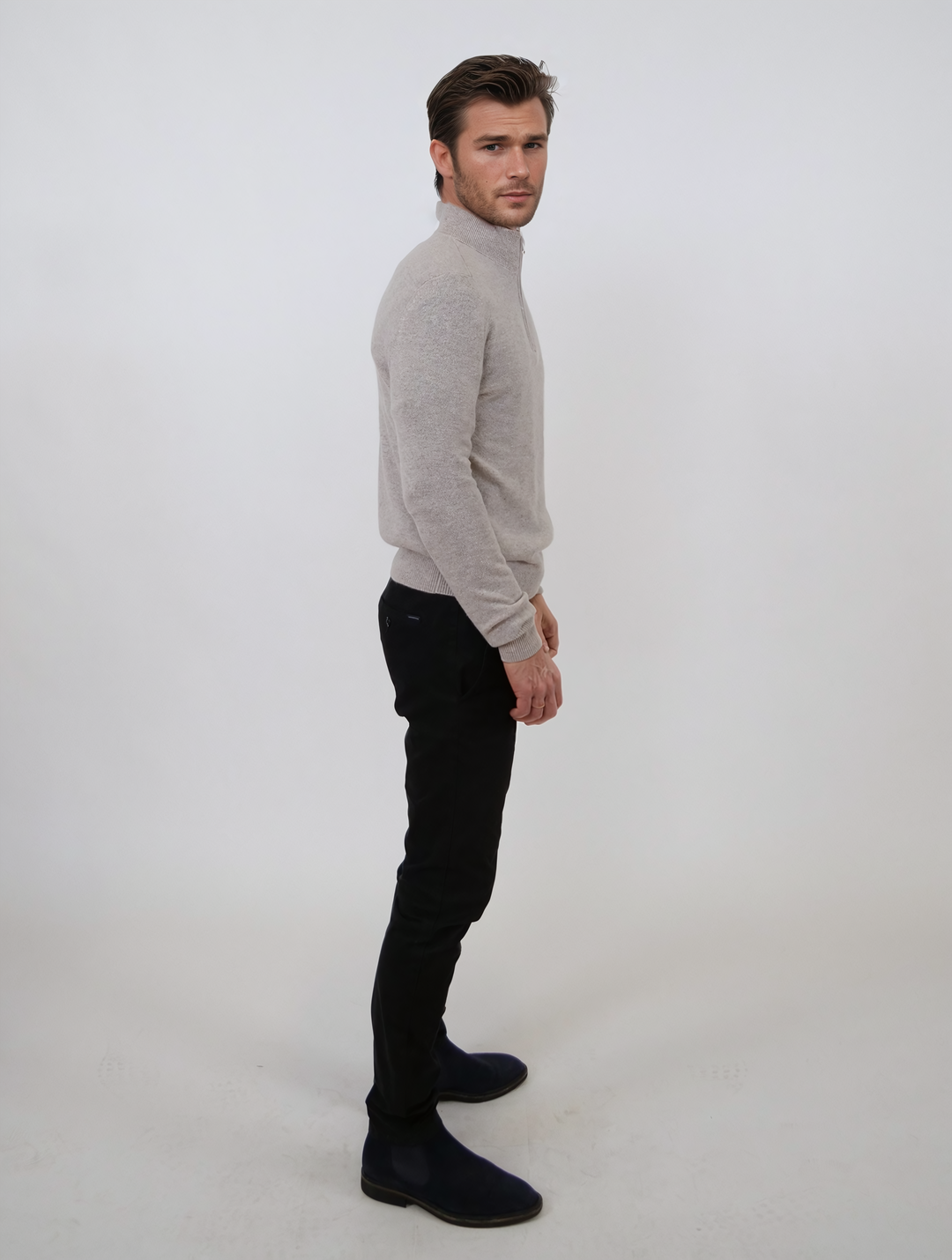 SY-1568-9 Mens Half Zip Sweater 100% Pure Cashmere - Men Light Beige