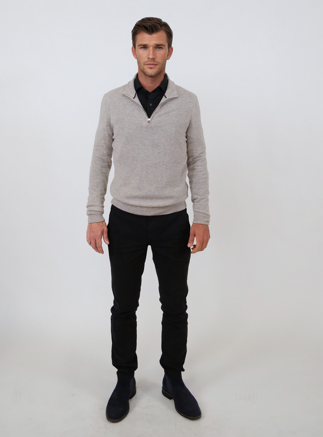 SY-1568-9 Mens Half Zip Sweater 100% Pure Cashmere - Men Light Beige