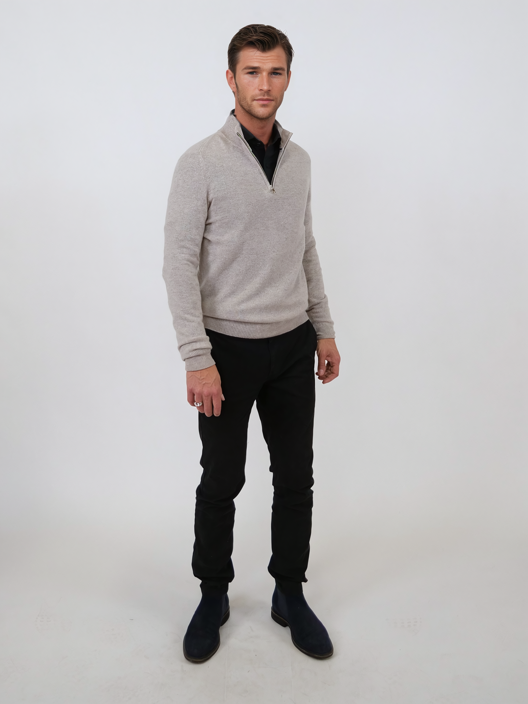 SY-1568-9 Mens Half Zip Sweater 100% Pure Cashmere - Men Light Beige