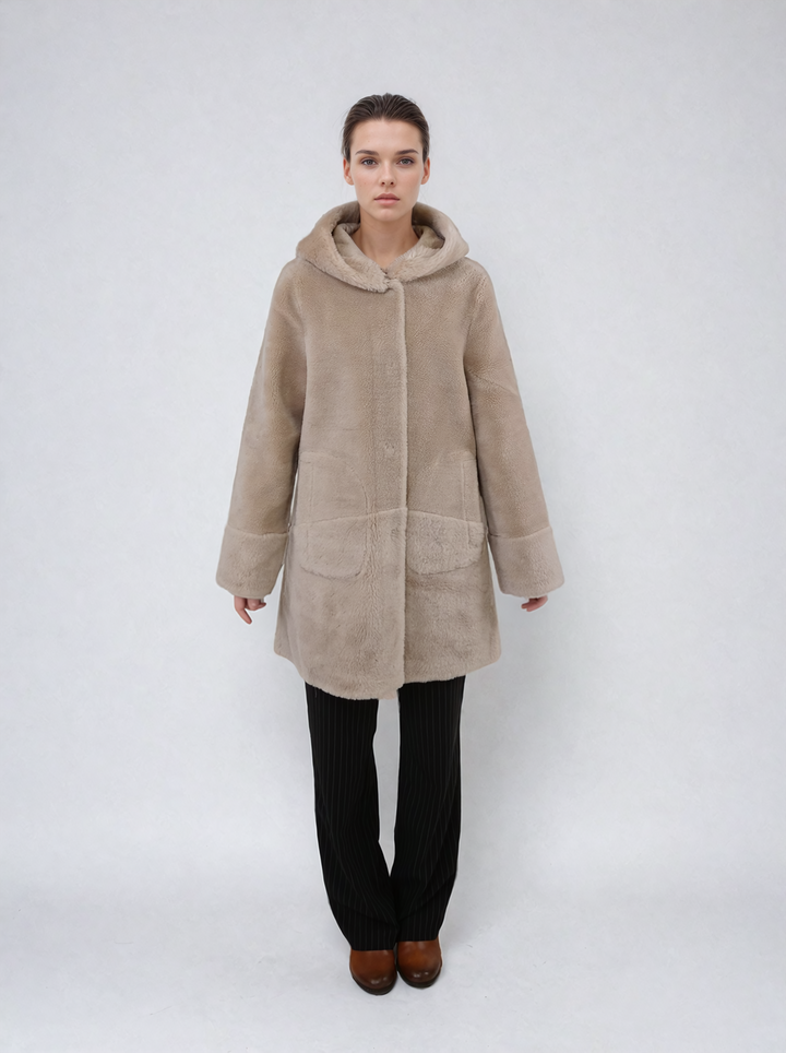 Fernandina, 85 cm - Capuchon - Luchtwol - Dames - Licht Camel