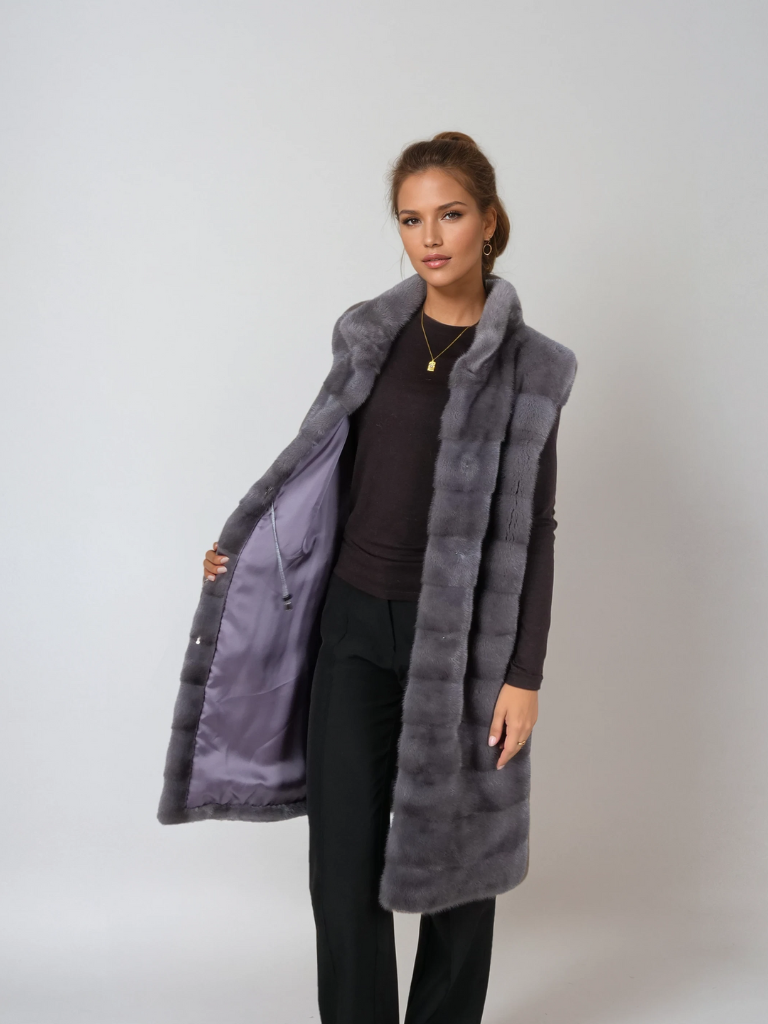 Chaleco Denise, 94 cm. - Collar - Visón - Mujer - Gris