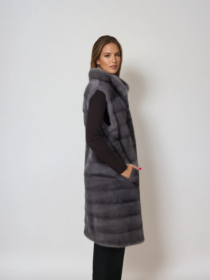 Chaleco Denise, 94 cm. - Collar - Visón - Mujer - Gris