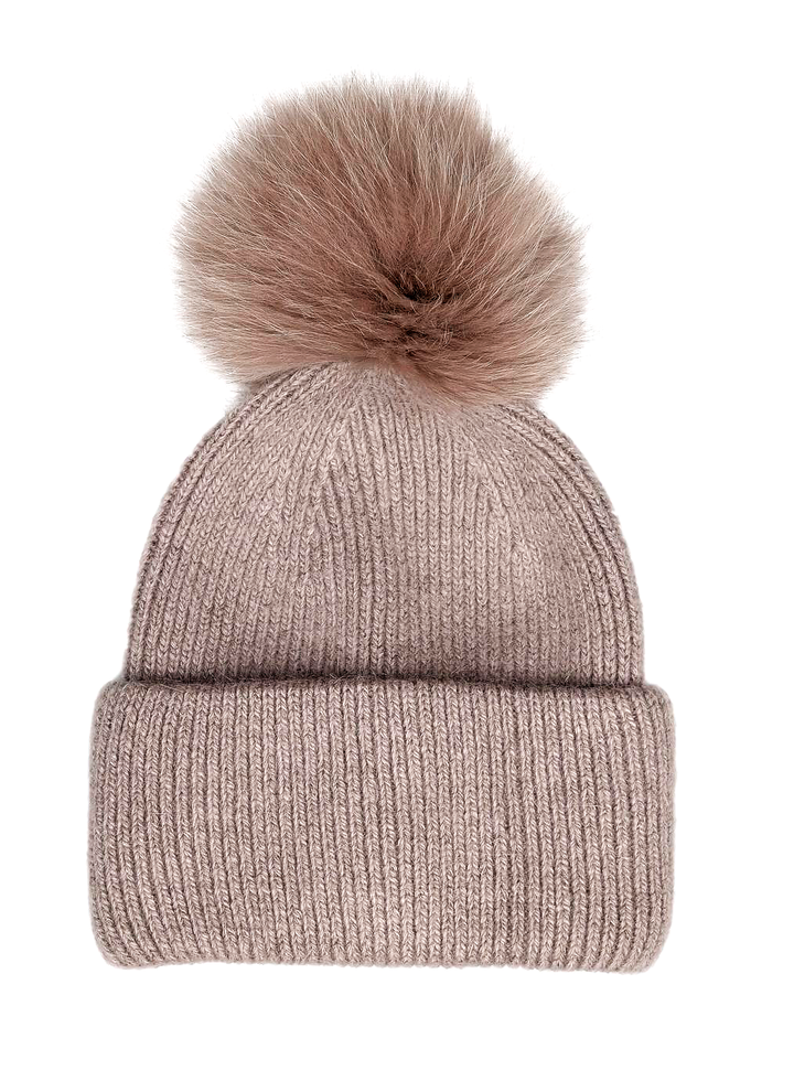 HL22C007 Gorro de lã angorá com pompom de pele Taupe