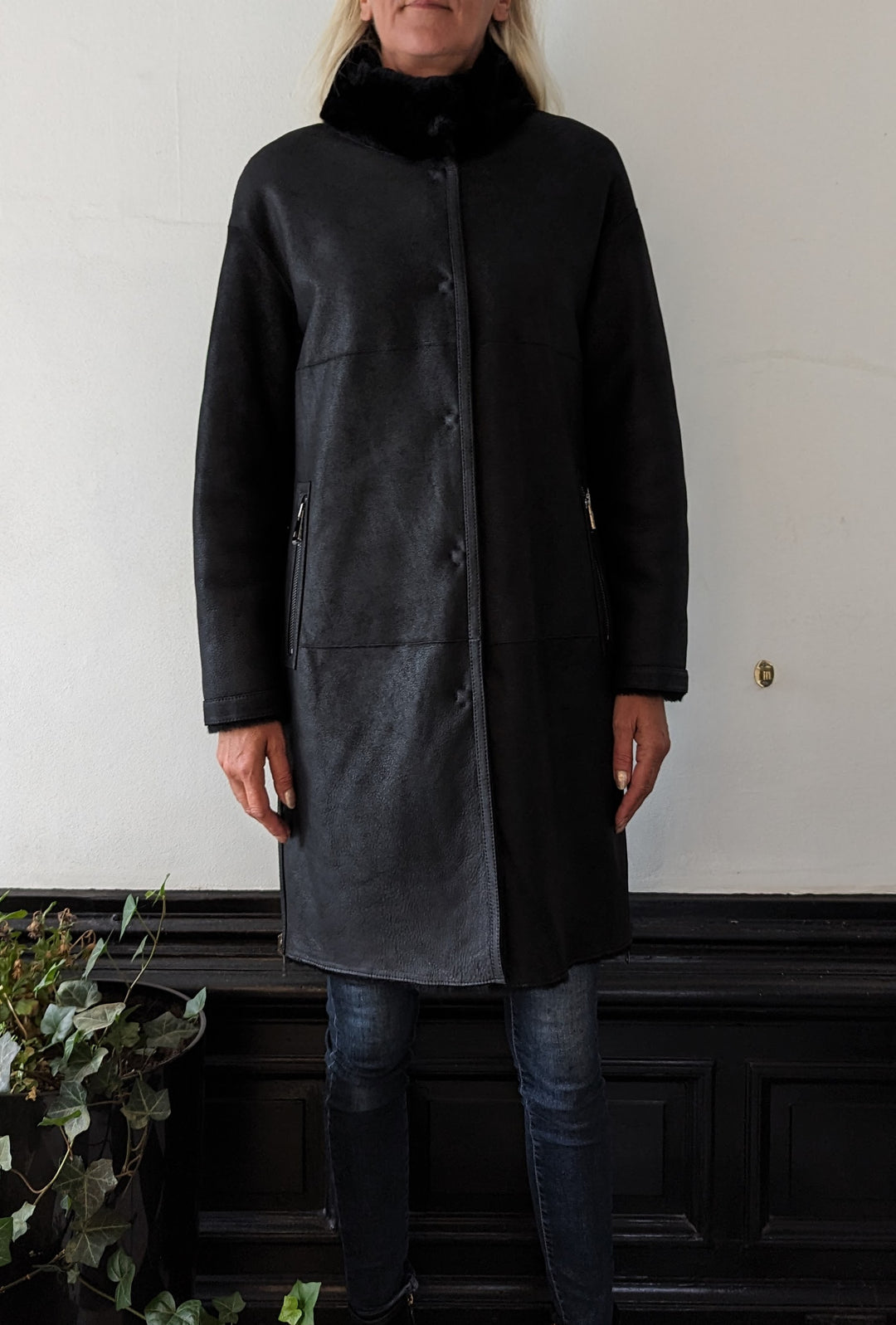 Giorgiana, 95 cm. - Gola - Jaqueta de cordeiro shearling -Mulher - Preto