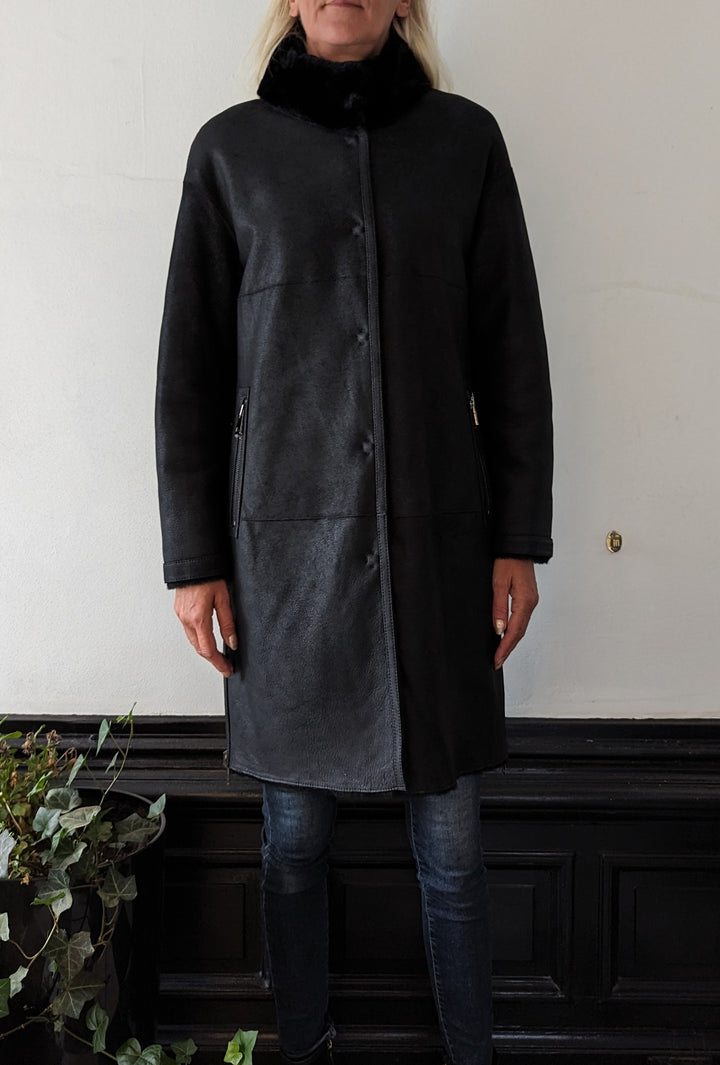 Giorgiana, 95 cm. - Gola - Jaqueta de cordeiro shearling -Mulher - Preto
