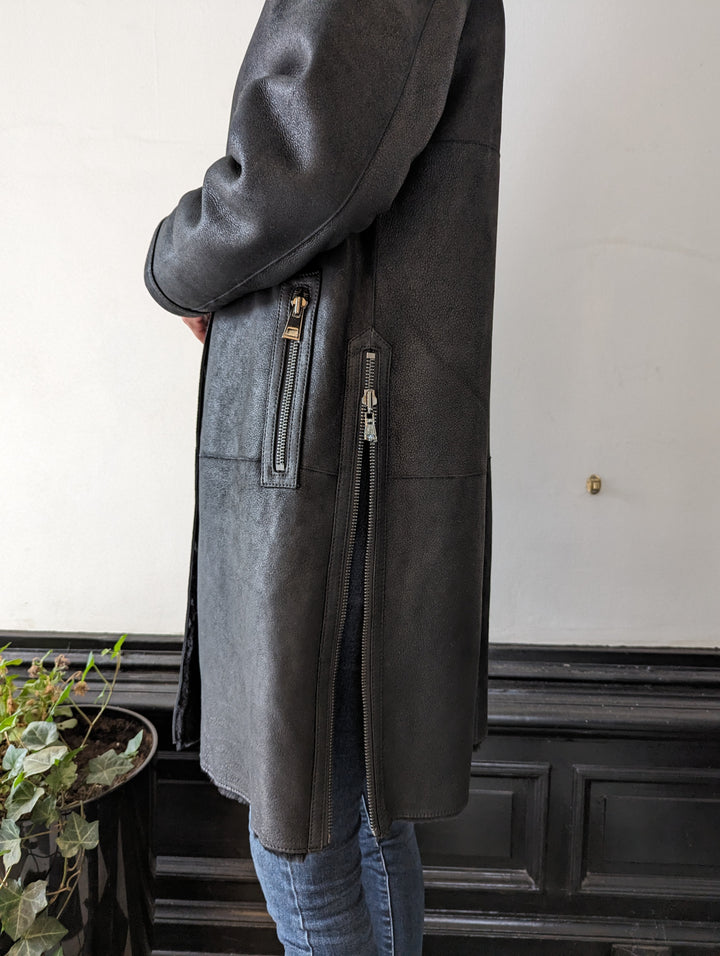 Giorgiana, 95 cm. - Gola - Jaqueta de cordeiro shearling -Mulher - Preto
