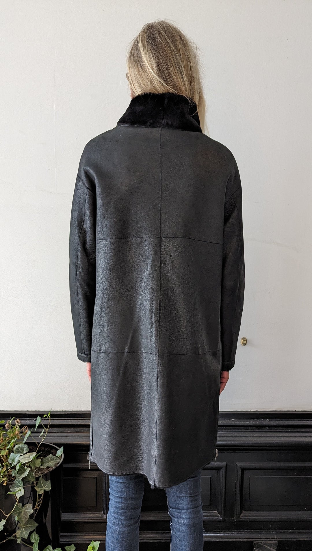 Giorgiana, 95 cm. - Gola - Jaqueta de cordeiro shearling -Mulher - Preto