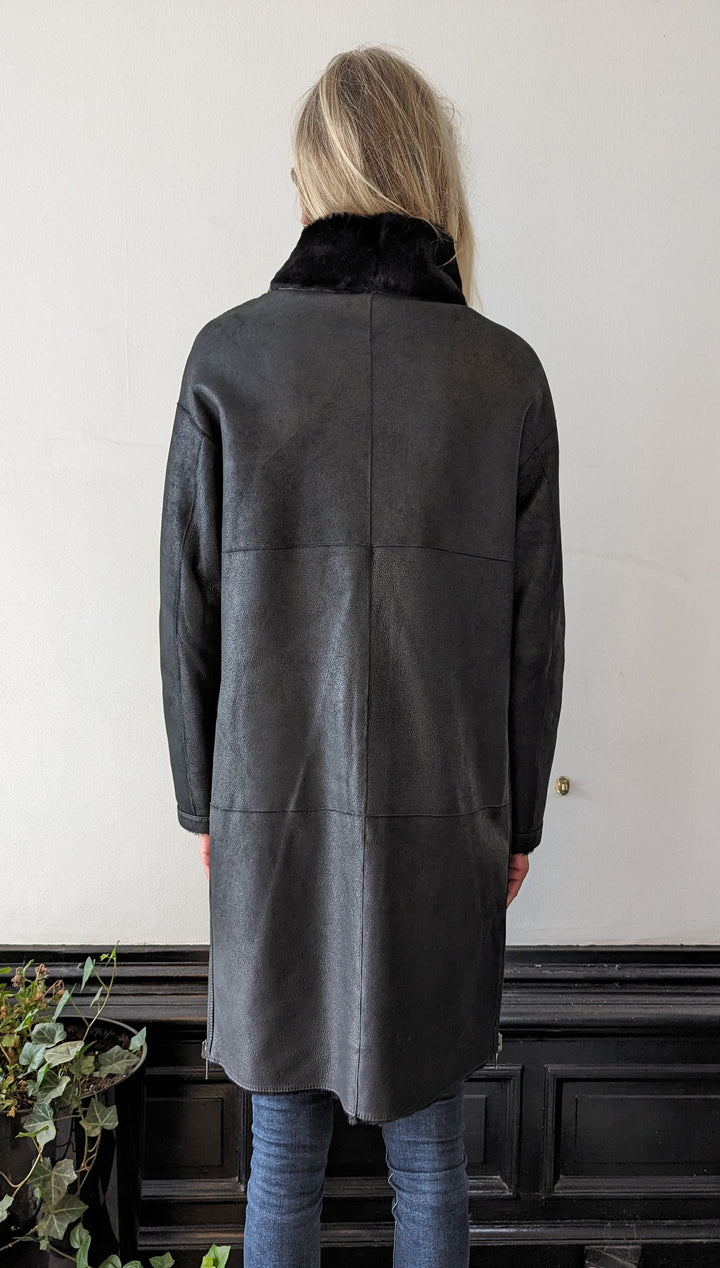 Giorgiana, 95 cm. - Gola - Jaqueta de cordeiro shearling -Mulher - Preto