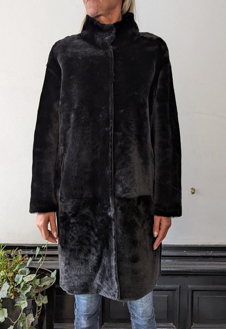 Giorgiana, 95 cm. - Gola - Jaqueta de cordeiro shearling -Mulher - Preto